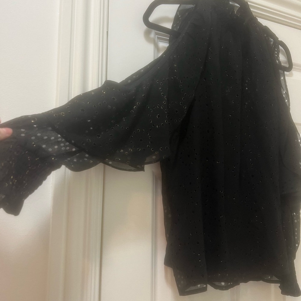 MAJE black laser cut ruffled metallic crepe blouse. Size 2 (equal to size 6) NWT - Picture 4 of 8